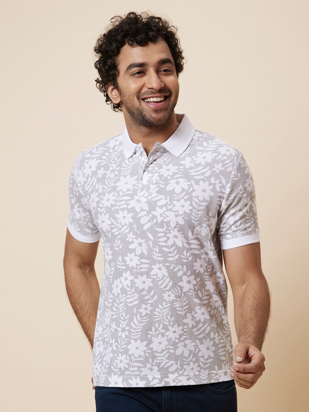 Globus White Floral Printed Polo Collar Pure Cotton Casual T-Shirt