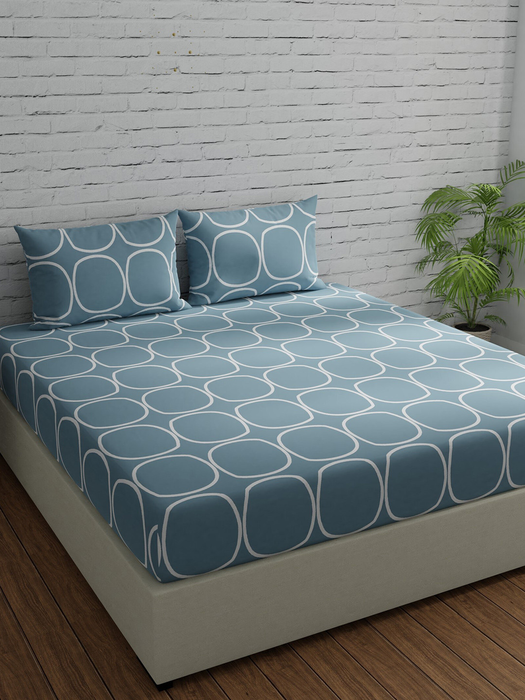 Huesland Blue Cotton 144 TC Flat King Bedsheet with 2 Pillow Covers-108 x 108 inches