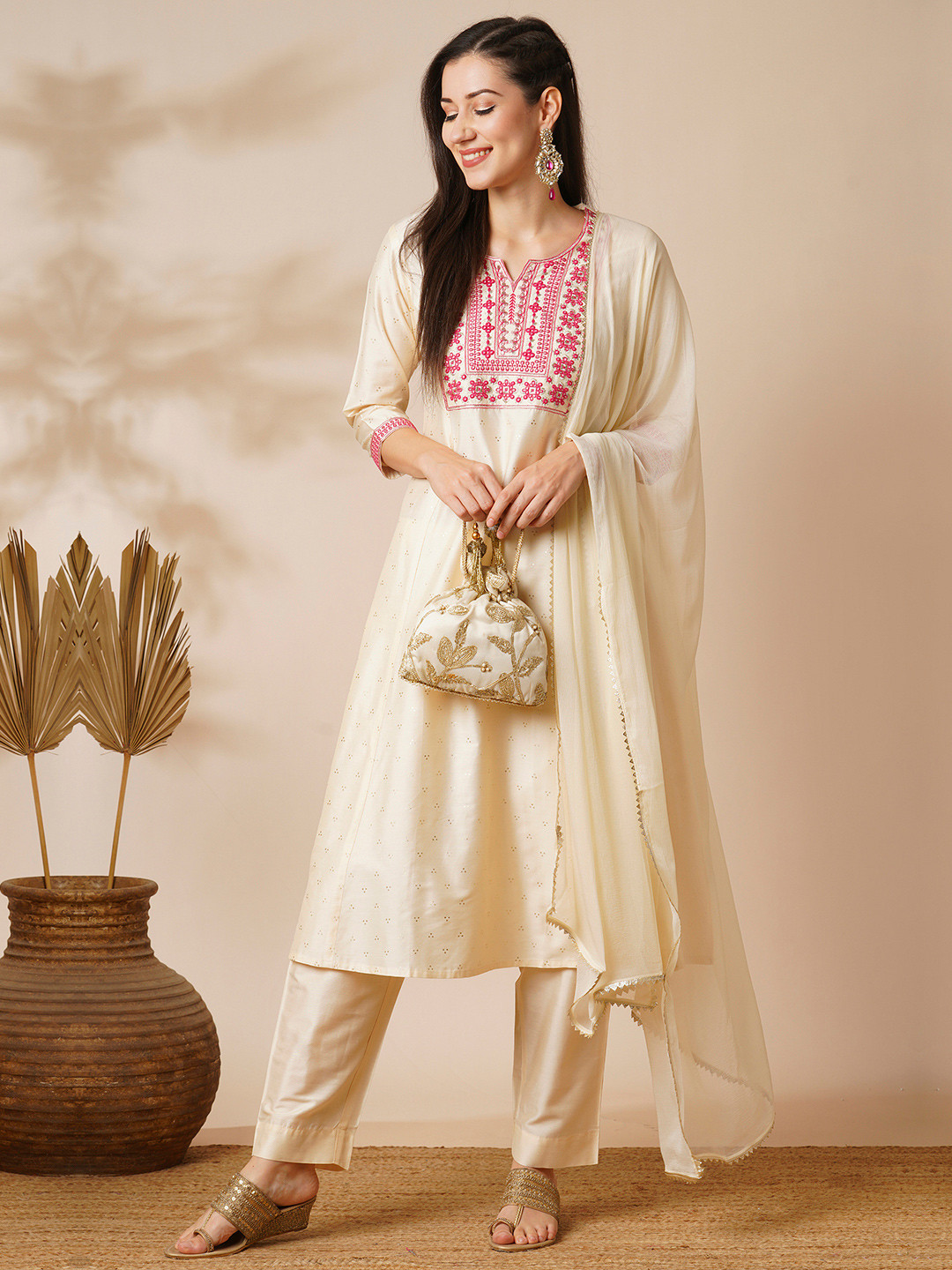 Globus Embroidered Yoke Silver Foil Printed A-Line Kurta With Trousers & Dupatta