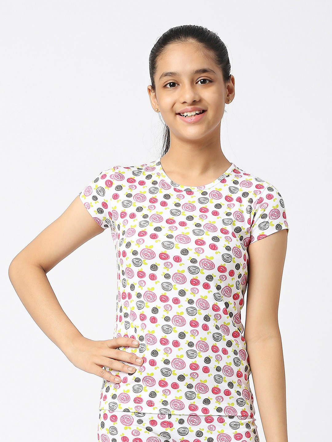 SINI MINI Girls Floral Printed Round Neck Cotton T-shirt