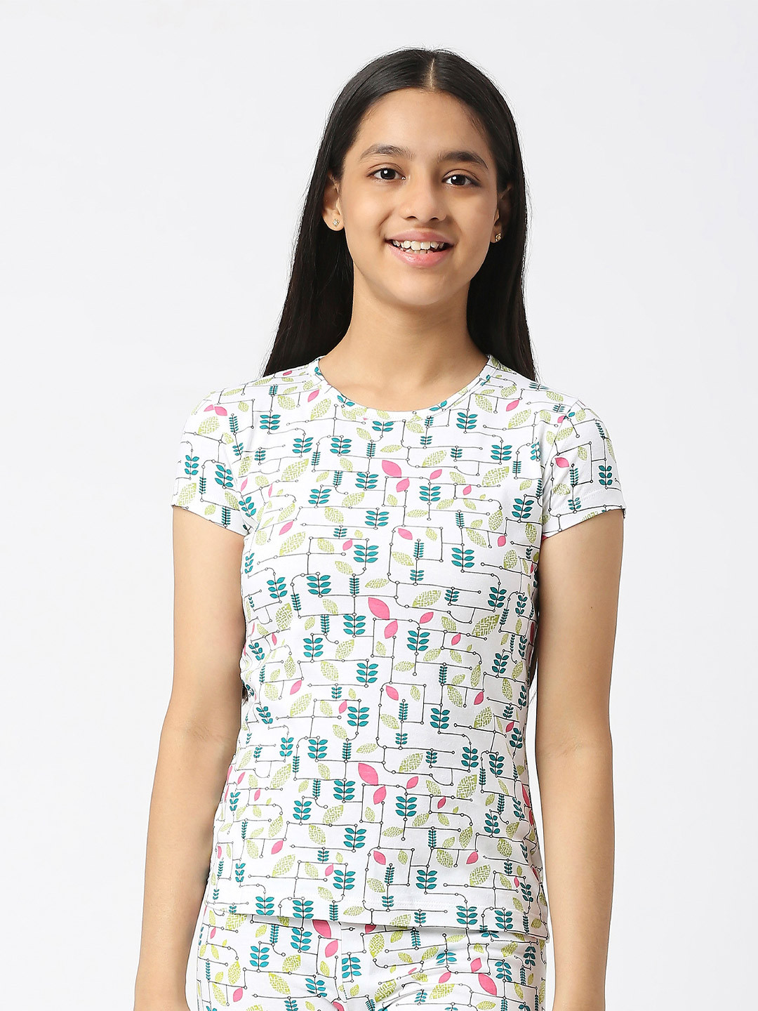 SINI MINI Girls Floral Printed Round Neck Cotton T-shirt
