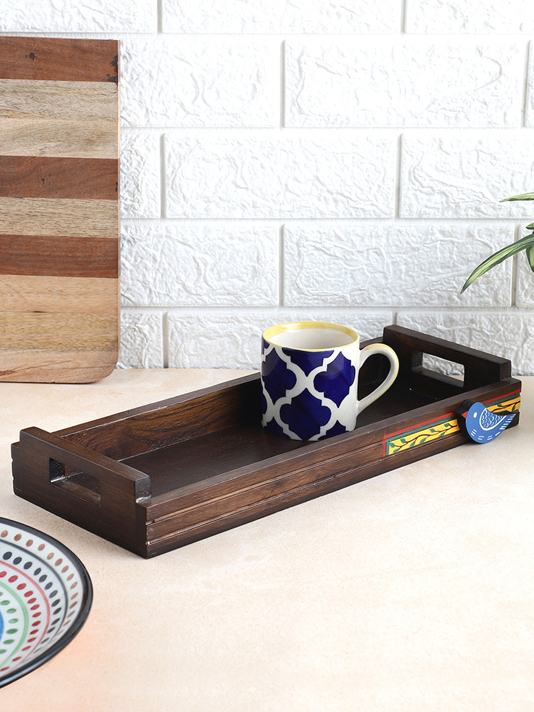 VarEesha Neel Collection Brown Painted Blue Bird Rectangular Wood Trays