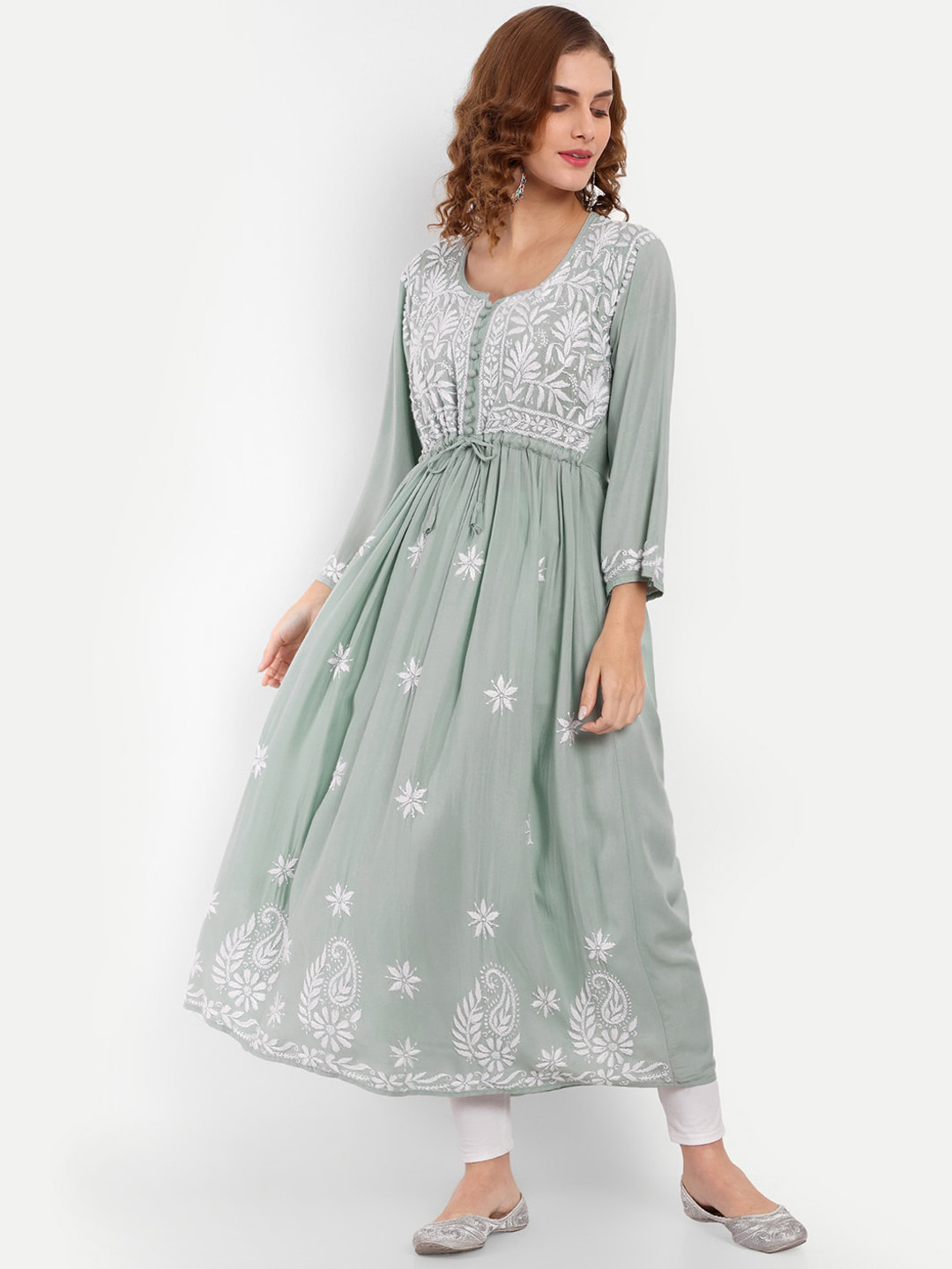 Indiankala4u Ethnic Motifs Embroidered Pleated Chikankari A-Line Kurta
