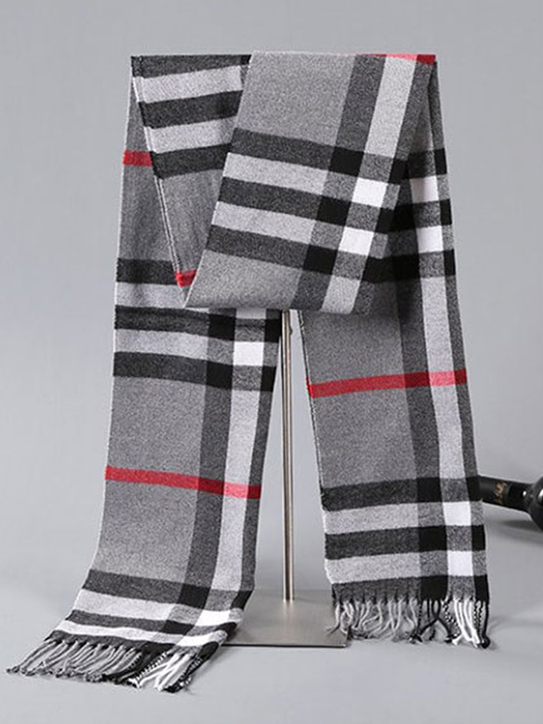 Alexvyan Women Grey Checked Woolen Cashmere Soft Winter Muffler