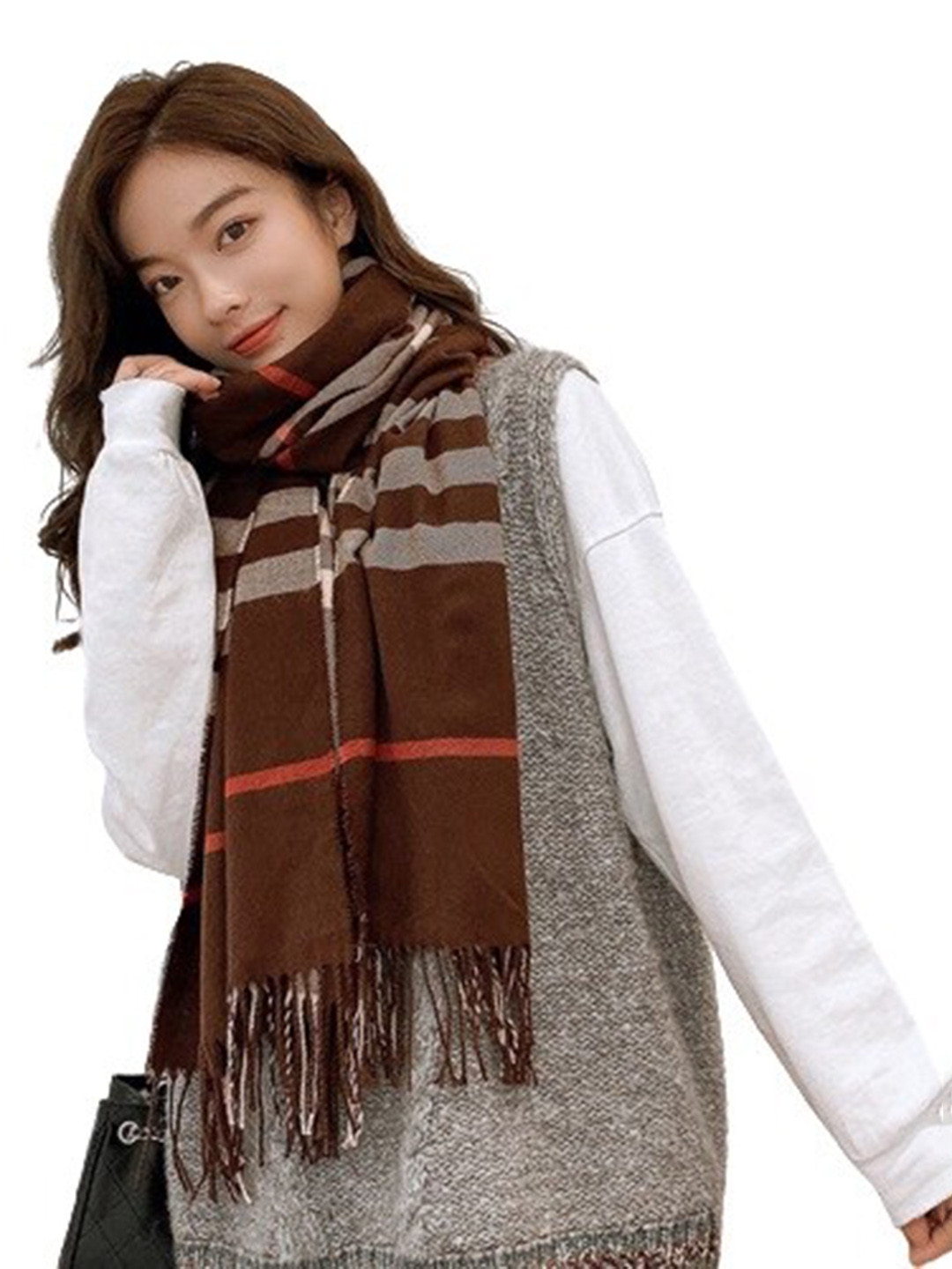 Alexvyan Women Brown Checked Woolen Soft Cashmere Winter Muffler