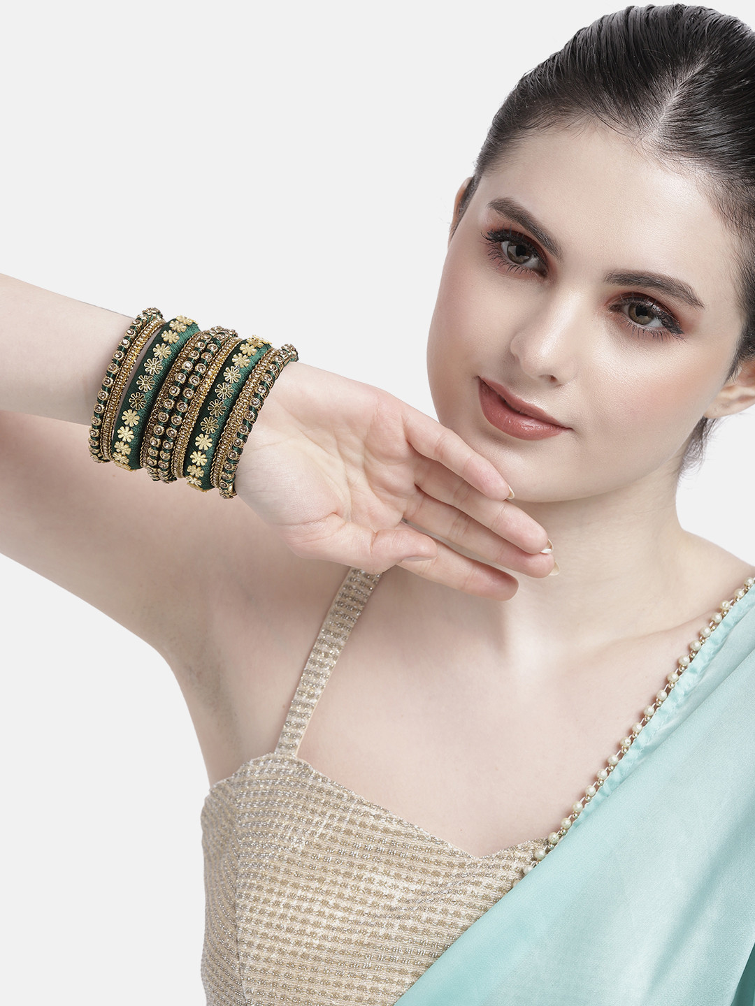 Peora Women 10Pcs Gold-Plated Stone Studded Silk Threaded Bangles