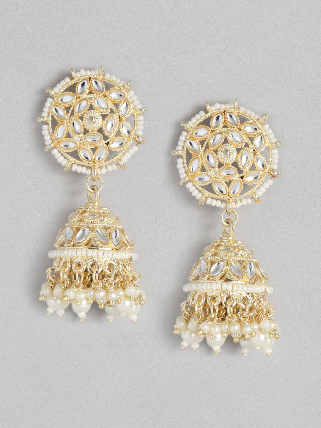 Peora White Gold-Plated Kundan Studded Dome Shaped Jhumkas Earrings