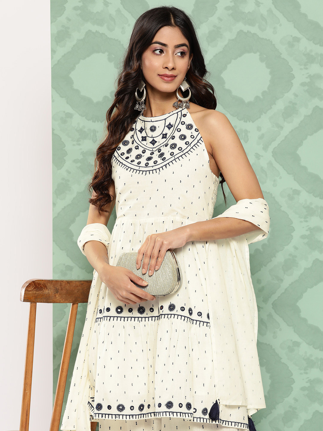 Juniper Women Off White Tiered Mirror Work Pure Cotton Top with Skirt & With Dupatta
