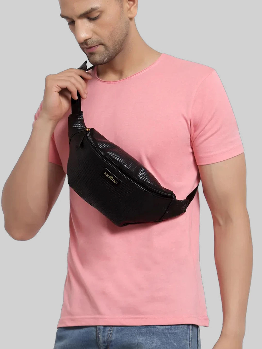 AQUATAN Men Textured PU Waist Pouch With Adjustable Belt