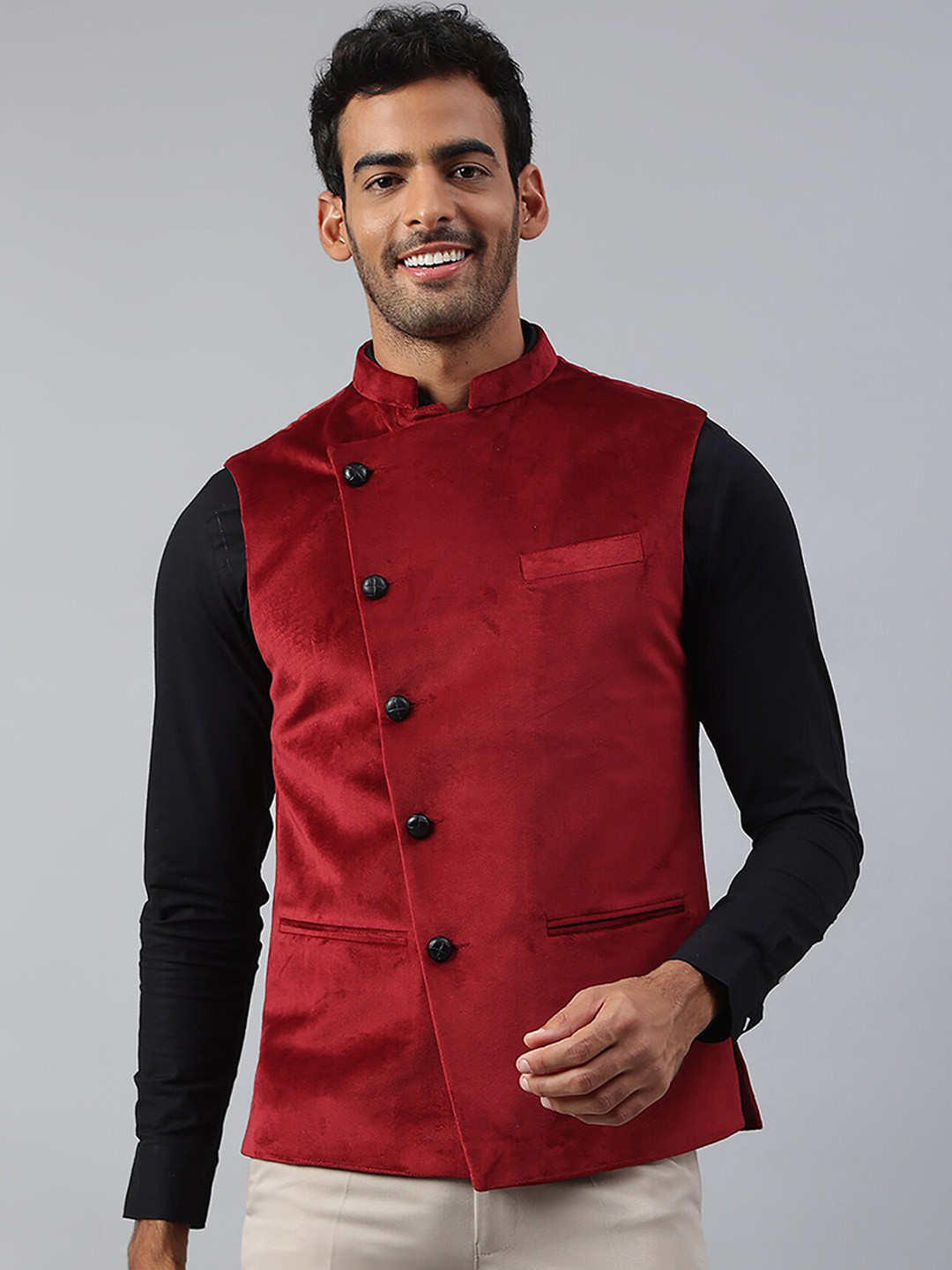 MR BUTTON Side Button Velvet Nehru Jacket
