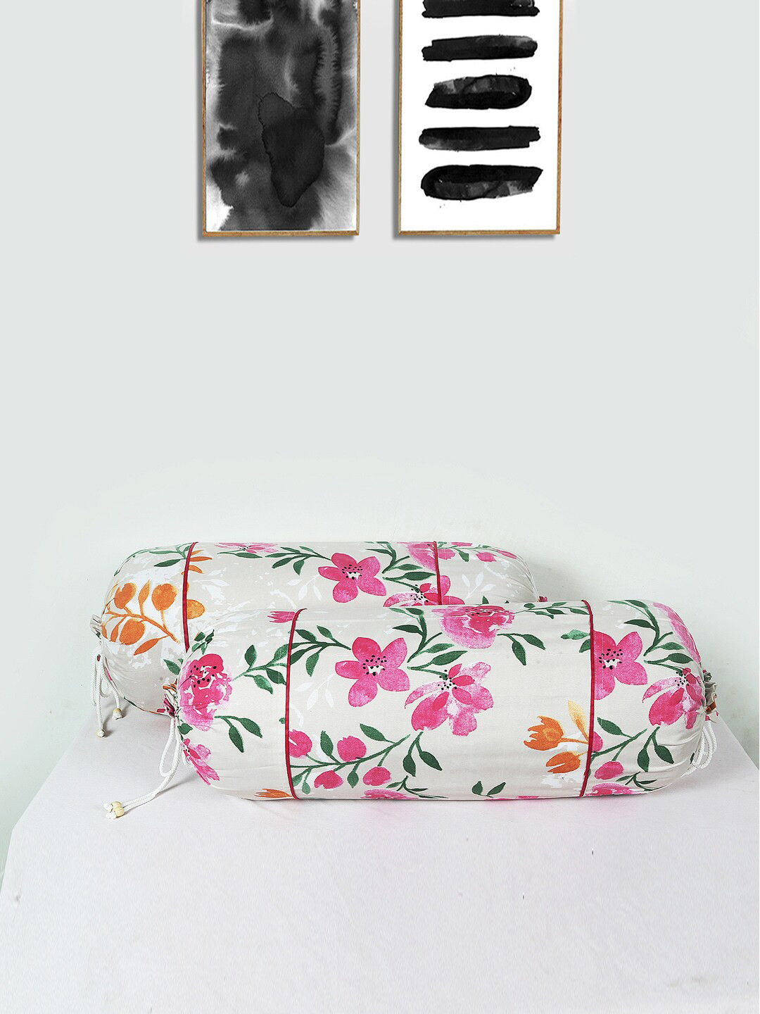 Kuber Industries White & Pink 2 PC Printed Cotton Bolster Covers