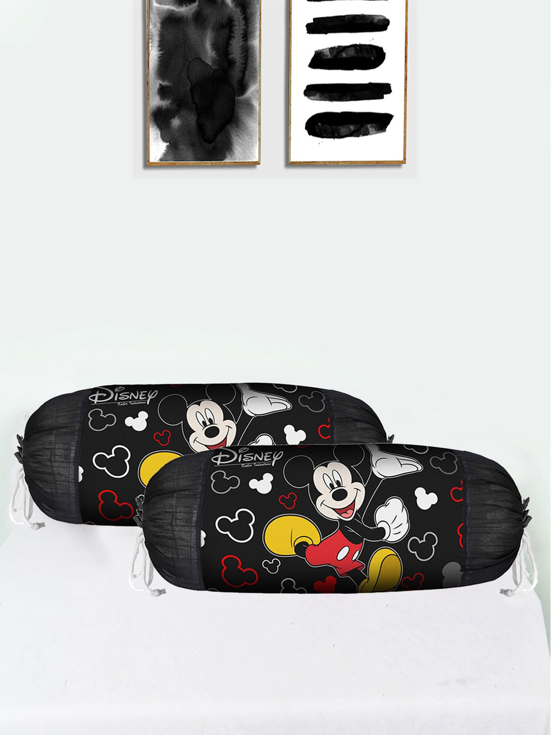 Kuber Industries Black 2 PC Mickey Mouse Print Cotton Bolster Covers