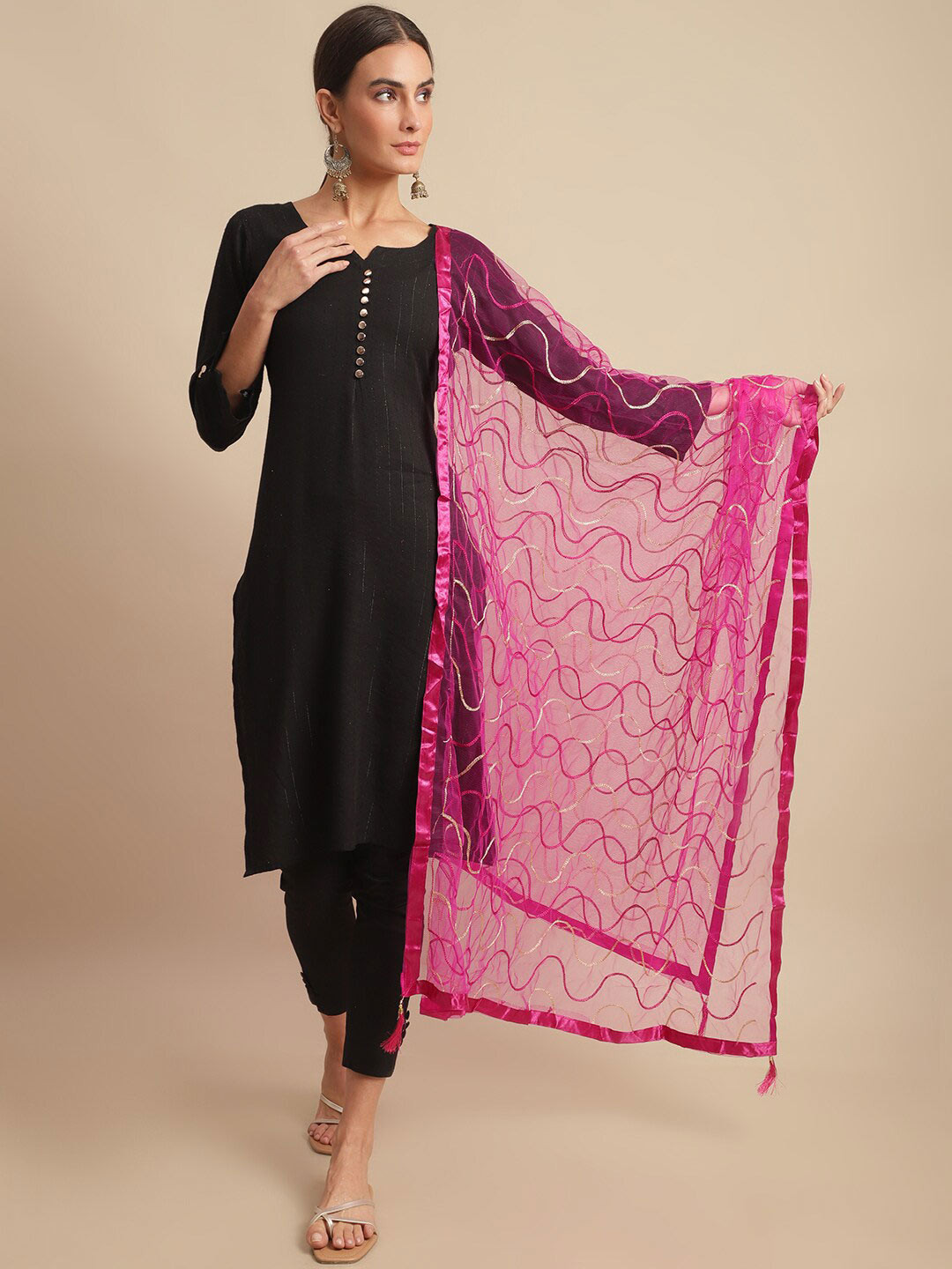 LOOM LEGACY Striped Thread Work Embroidered Dupatta