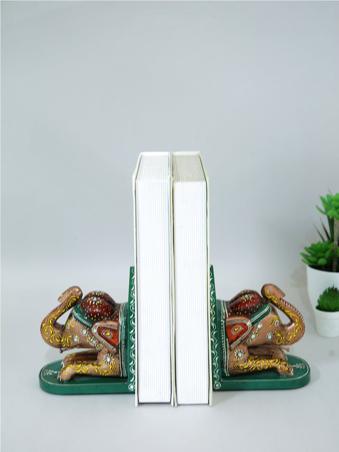 Aapno Rajasthan Elephant Bookends Brown Wood Natural Study Room Set of 2 Small Showpieces - 6.1 Inches