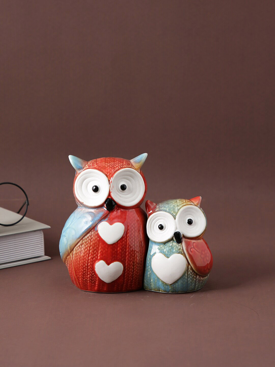 TAYHAA Beautiful Pair Of Owl Brown Ceramic Matte Living Room Set of 2 Small Showpieces - 5.7 Inches