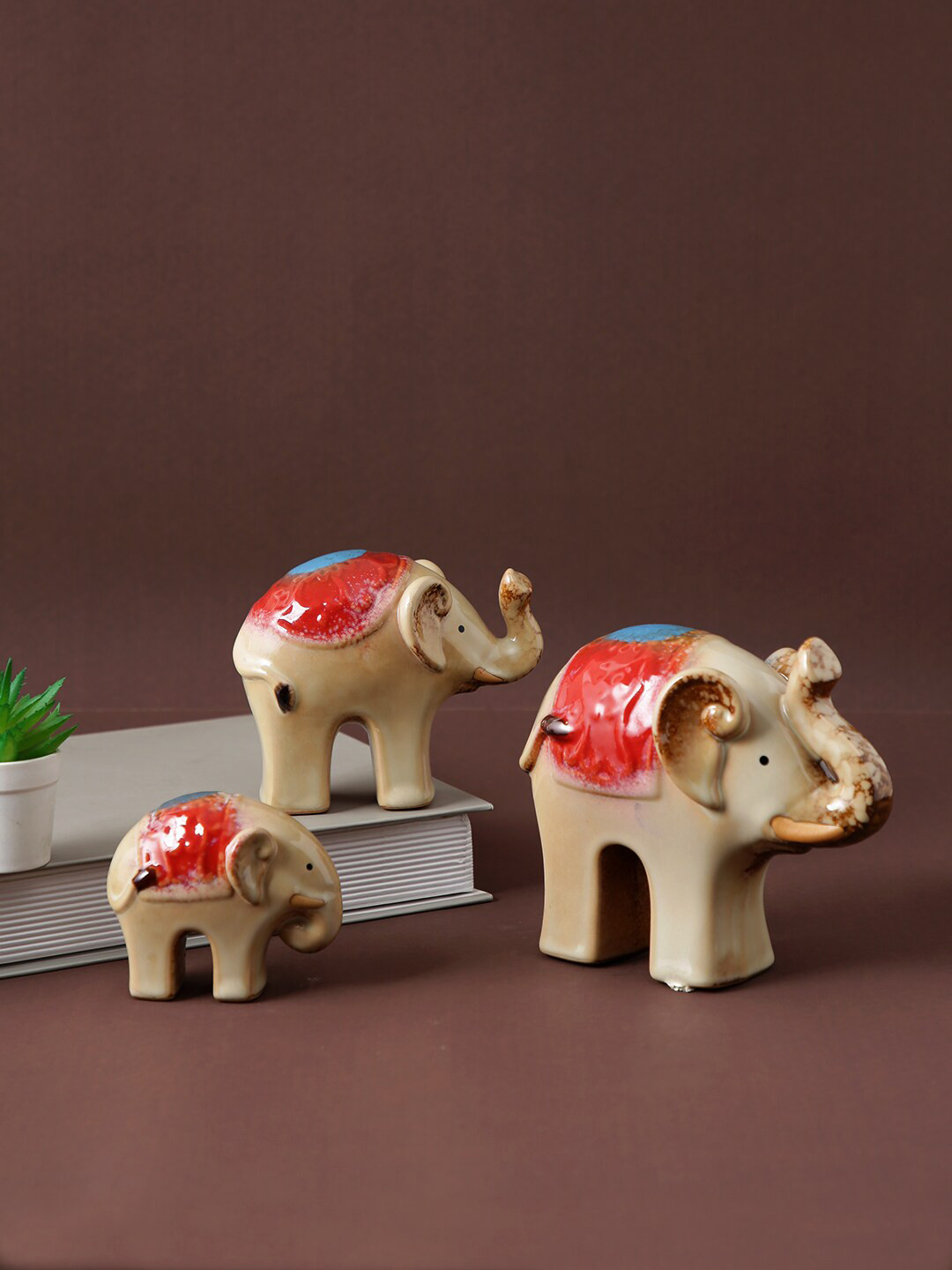 TAYHAA Elephant Beige Ceramic Glossy Living Room Set of 3 Small Showpieces - 5.5 Inches