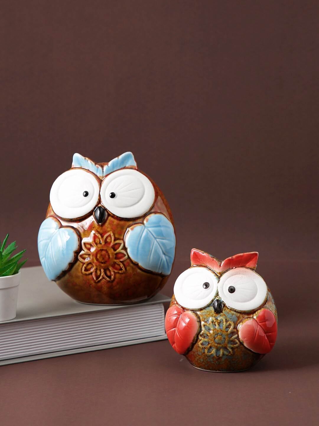 TAYHAA Owl Brown Ceramic Matte Living Room Set of 2 Small Showpieces - 5.5 Inches
