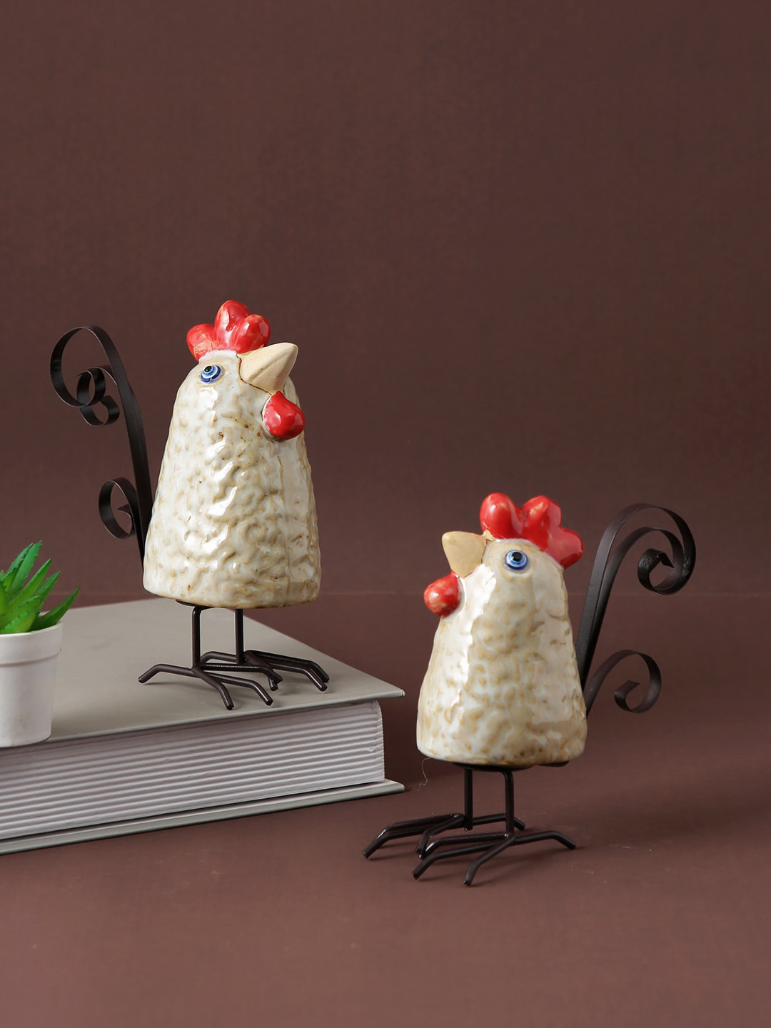 TAYHAA Hen Rooster Beige Ceramic Glossy Living Room Set of 2 Small Showpieces - 5.7 Inches
