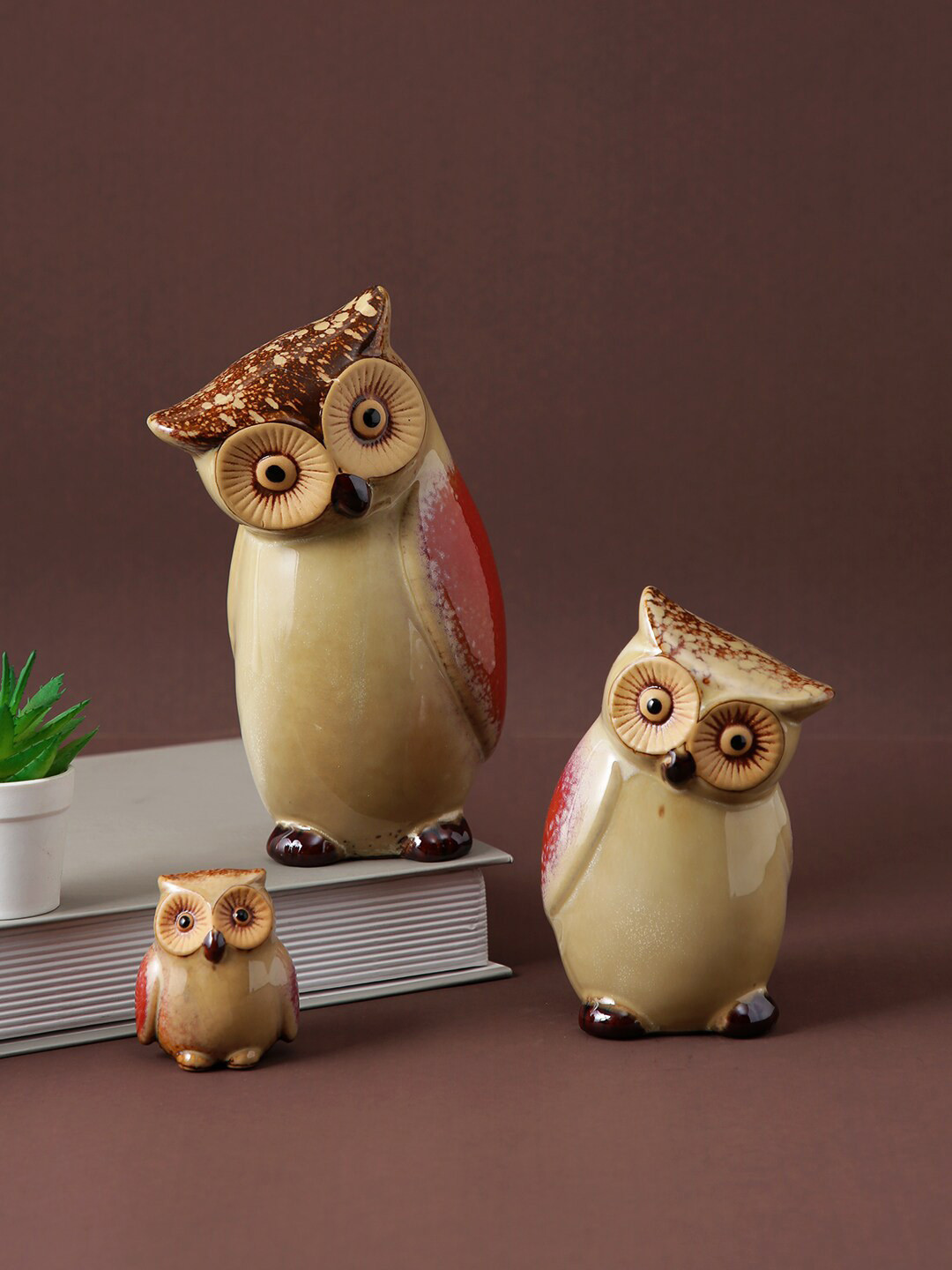 TAYHAA Elegant Look Owl Shape Beige Ceramic Glossy Living Room Set of 3 Small Showpieces - 6.9 Inches