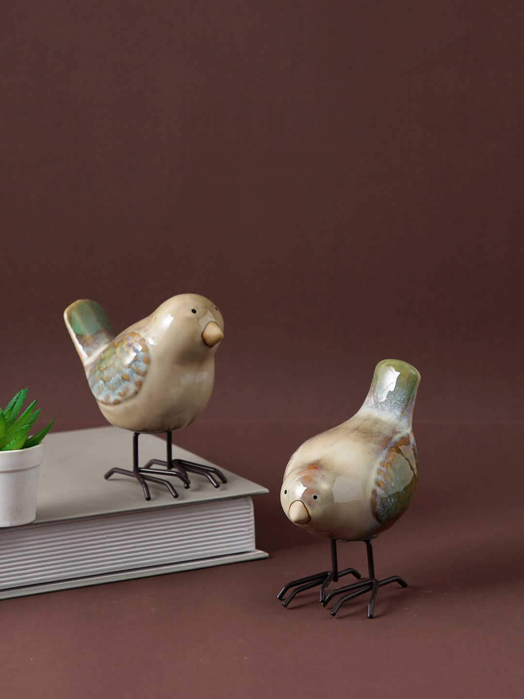TAYHAA Birds Brown Ceramic Glossy Living Room Set of 2 Small Showpieces - 4.5 Inches