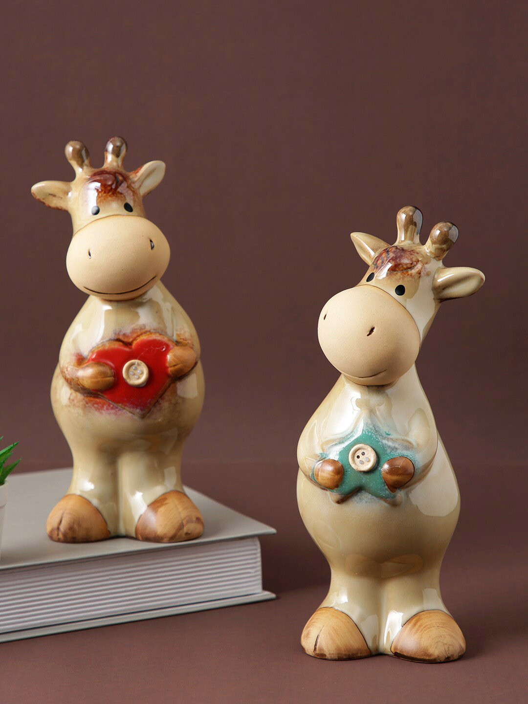 TAYHAA Cow Beige Ceramic Glossy Living Room Set of 2 Medium Showpieces - 8.7 Inches