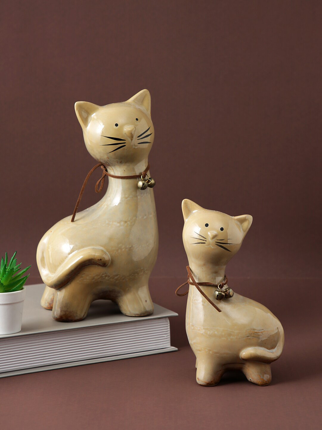 TAYHAA Pair Of Cute Cats with Bell On Neck Beige Ceramic Matte Living Room Set of 2 Medium Showpieces - 8.7 Inches
