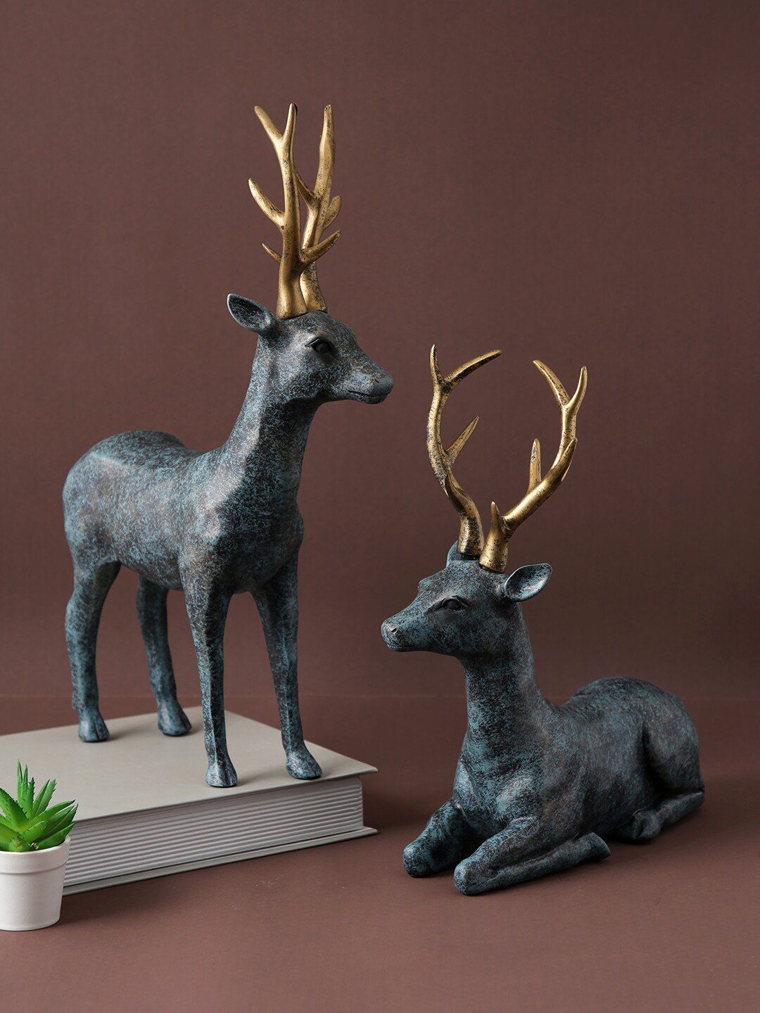 TAYHAA Deer Black Resin Glossy Living Room Set of 2 Medium Showpieces - 14 Inches