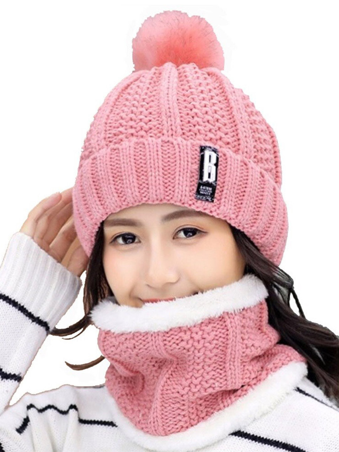 Alexvyan Women POM-POM Thermal Soft Knitted Warm Winter Woolen Cap & Neck Scarf