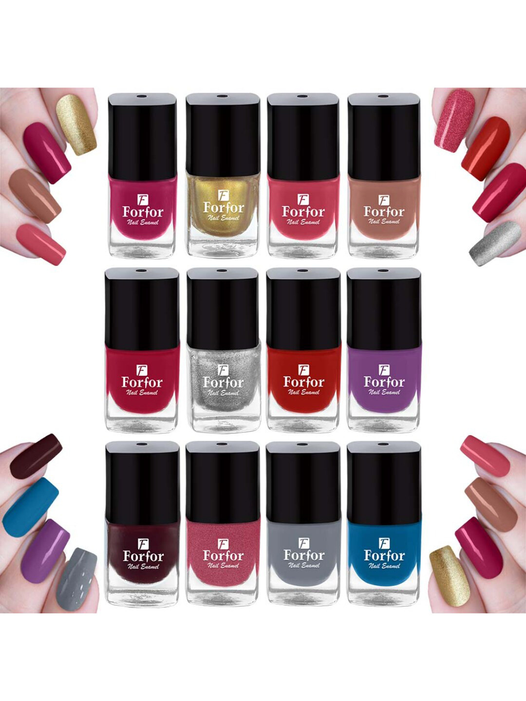 FORFOR Set of 12 Perfect Stay Fast Dry Glossy Gel Effect Nail Polish 5 ml each - Combo 1