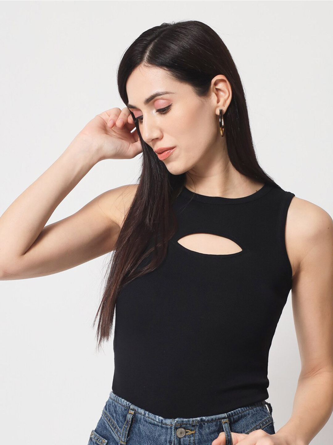 CHARMGAL Round Neck Ribbed Cut Out Eco Liva Modal Top