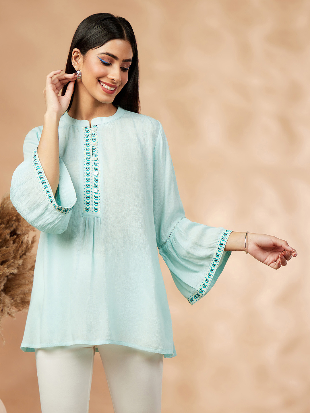 IMARA Mandarin Neck Bell Sleeves Top