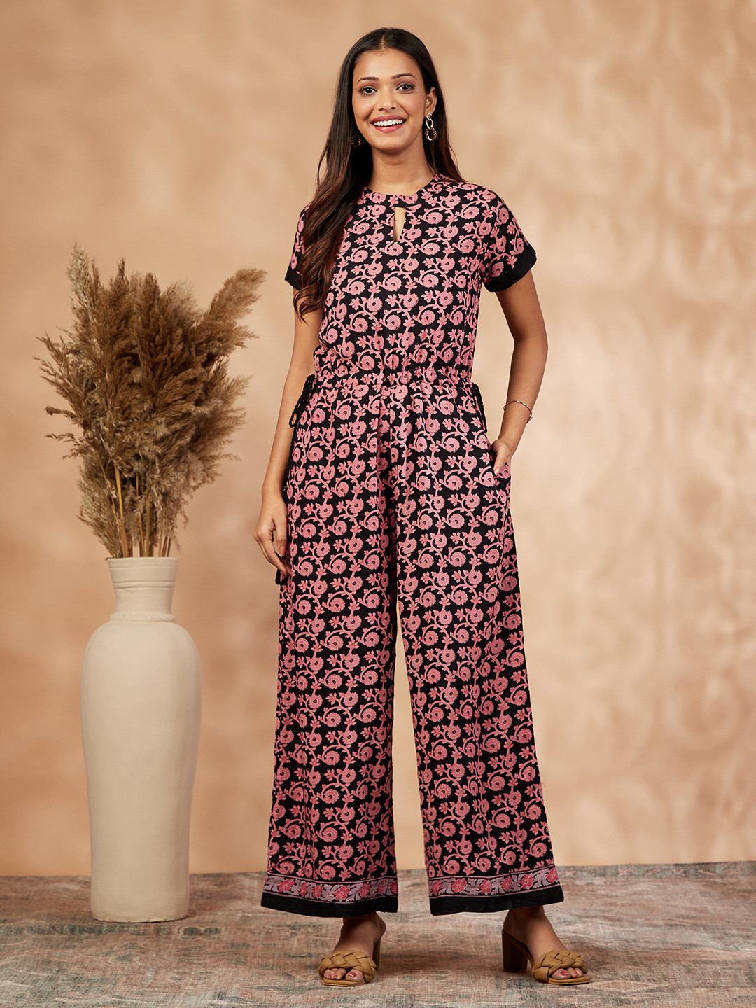 IMARA Bagh Printed Keyhole Neck Waist Tie Ups Basic Jumpsuit