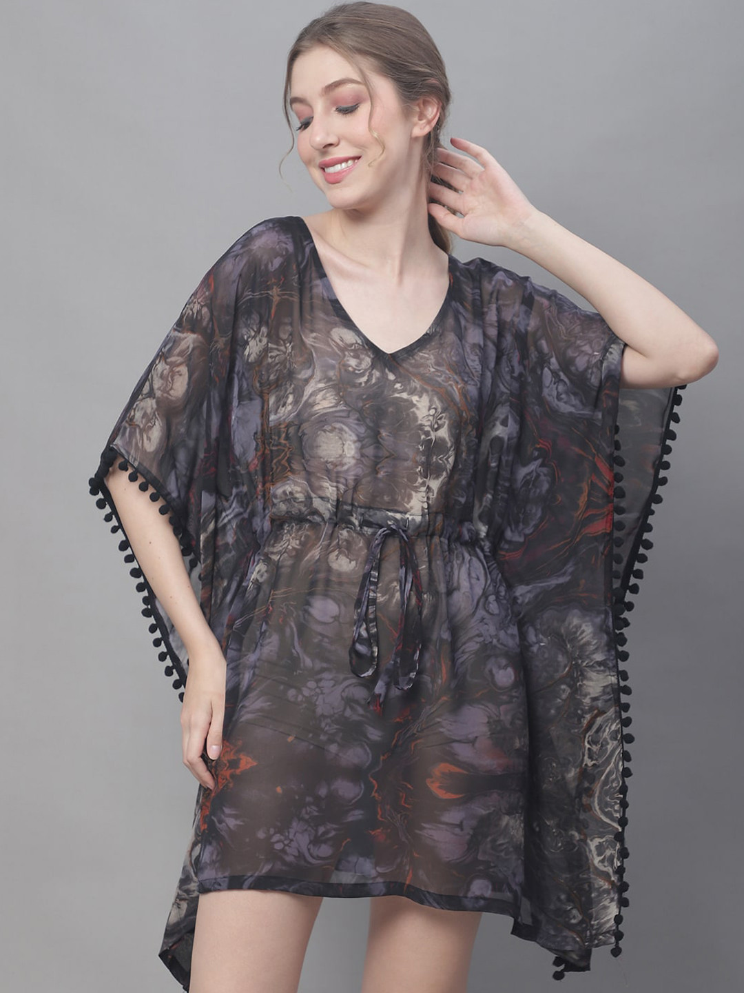 Claura Charcoal Abstract Printed Kaftan Swimwear Cover-Up Dress