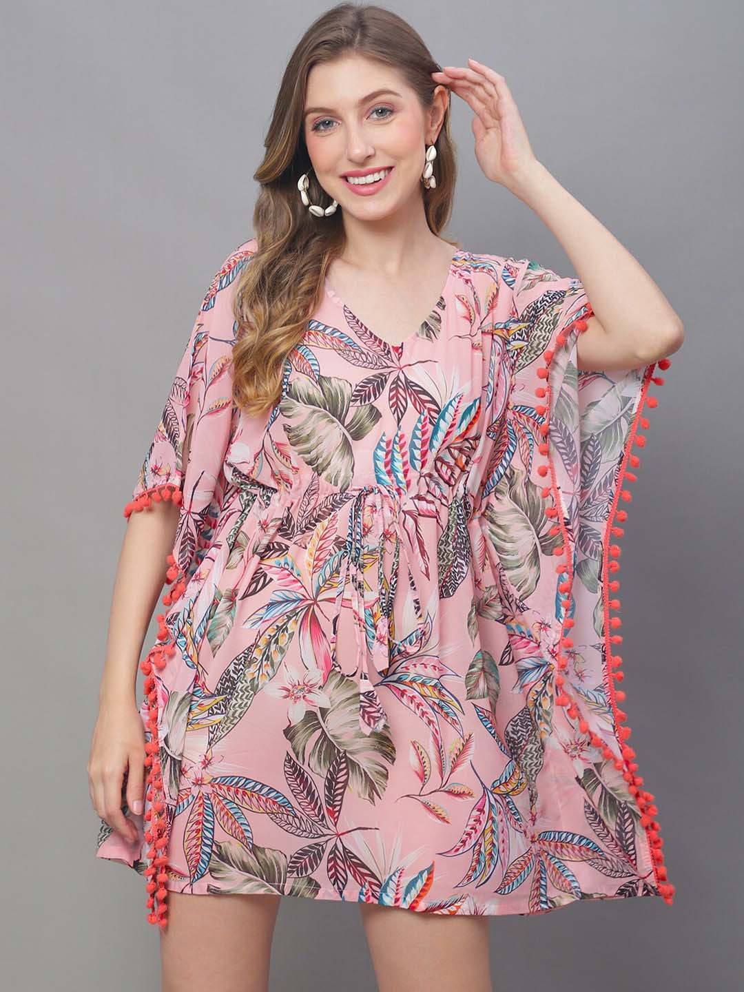 Claura Pink Tropical Printed Swimwear Kaftan Cover Up Dress