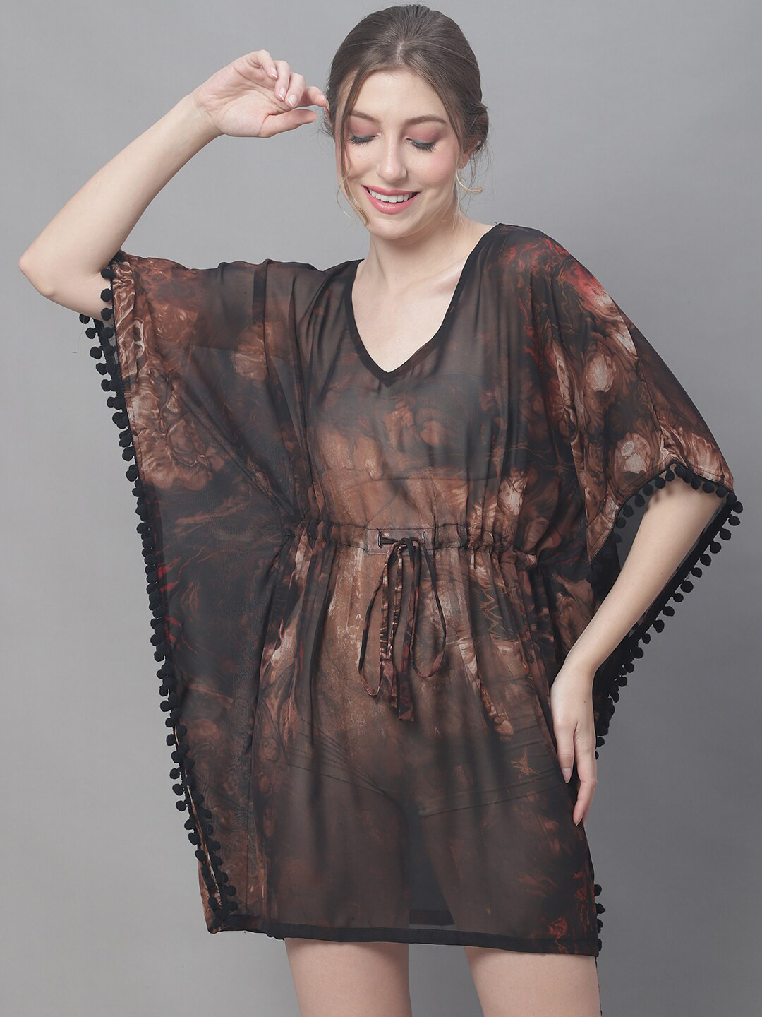 Claura Brown Abstract Printed Swimwear Kaftan Cover Up Dress
