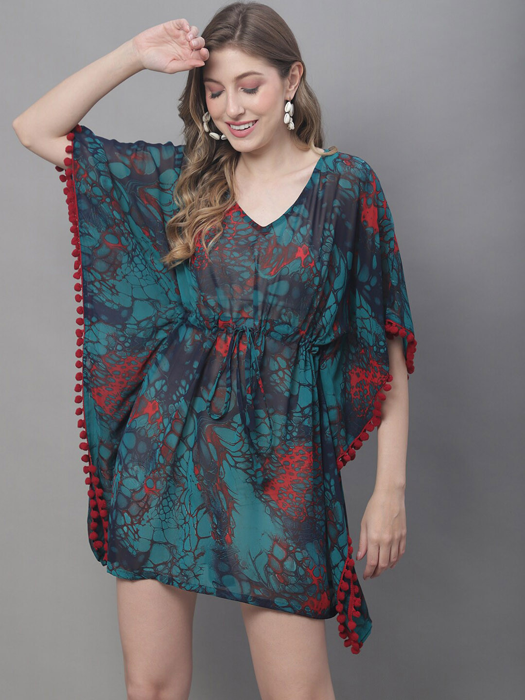 Claura Green & Red Abstract Printed Swimwear Cover Up kaftan