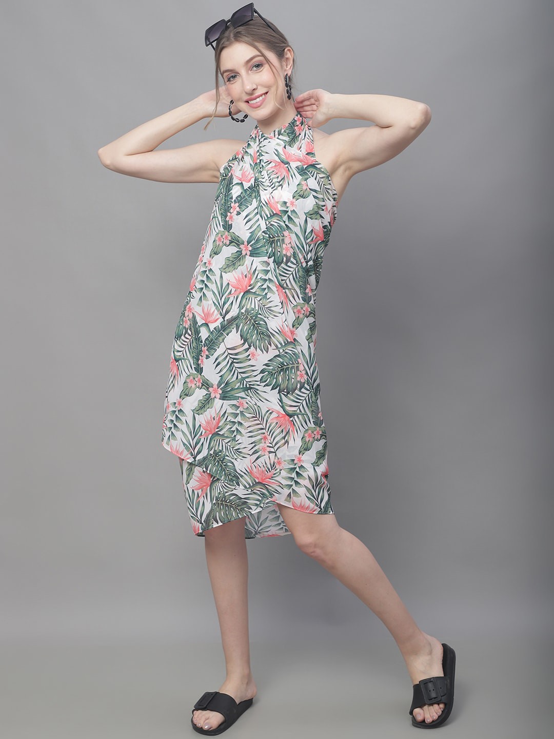 Claura White & Green Tropical Printed Cover Up Sarong