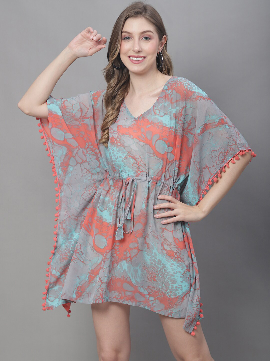 Claura Grey & Peach Coloured Abstract Printed Swimwear Cover Up kaftan Dress