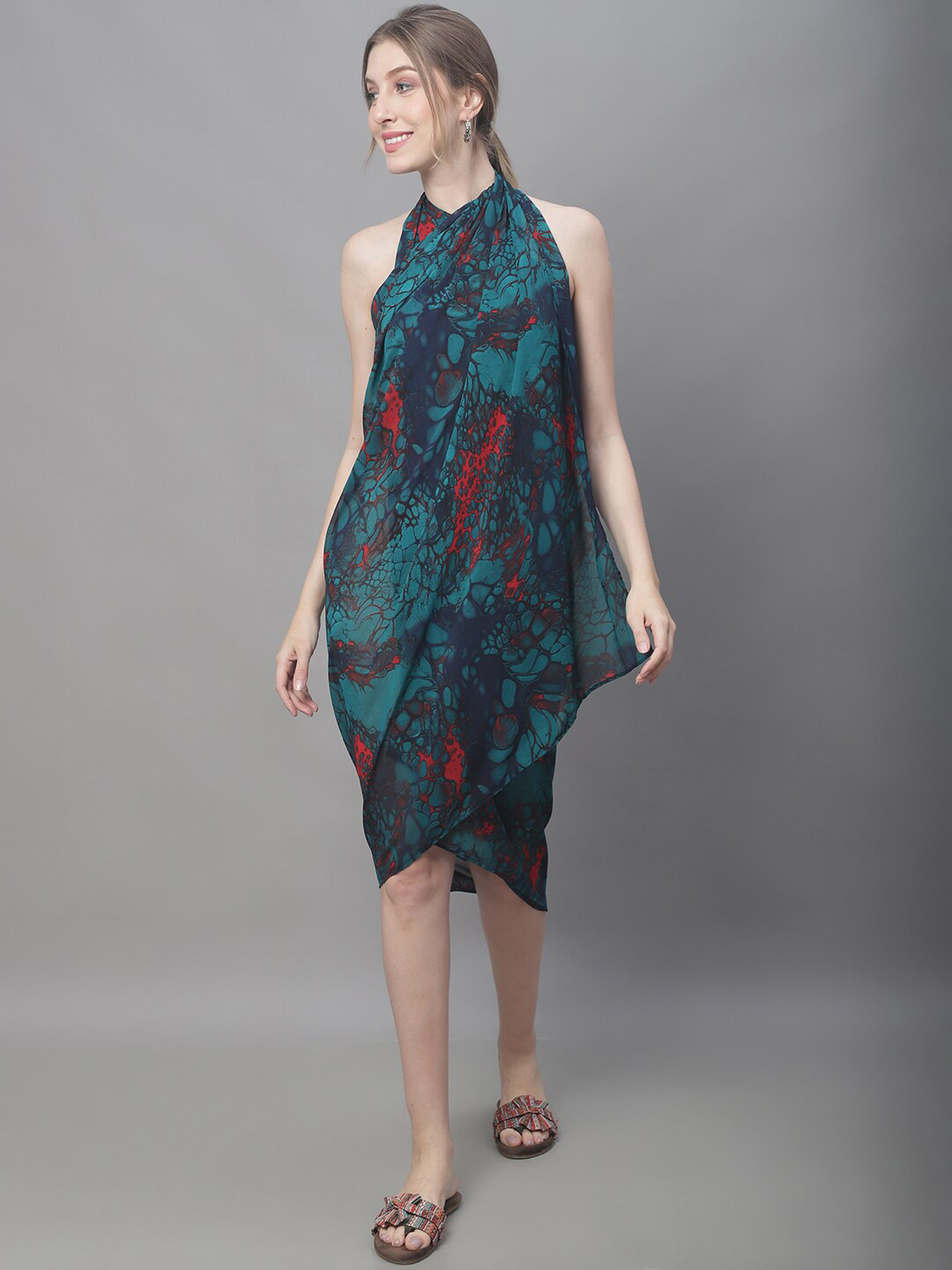 Claura Teal Green Abstract Printed Swimwear Cover Up Sarong Bottom