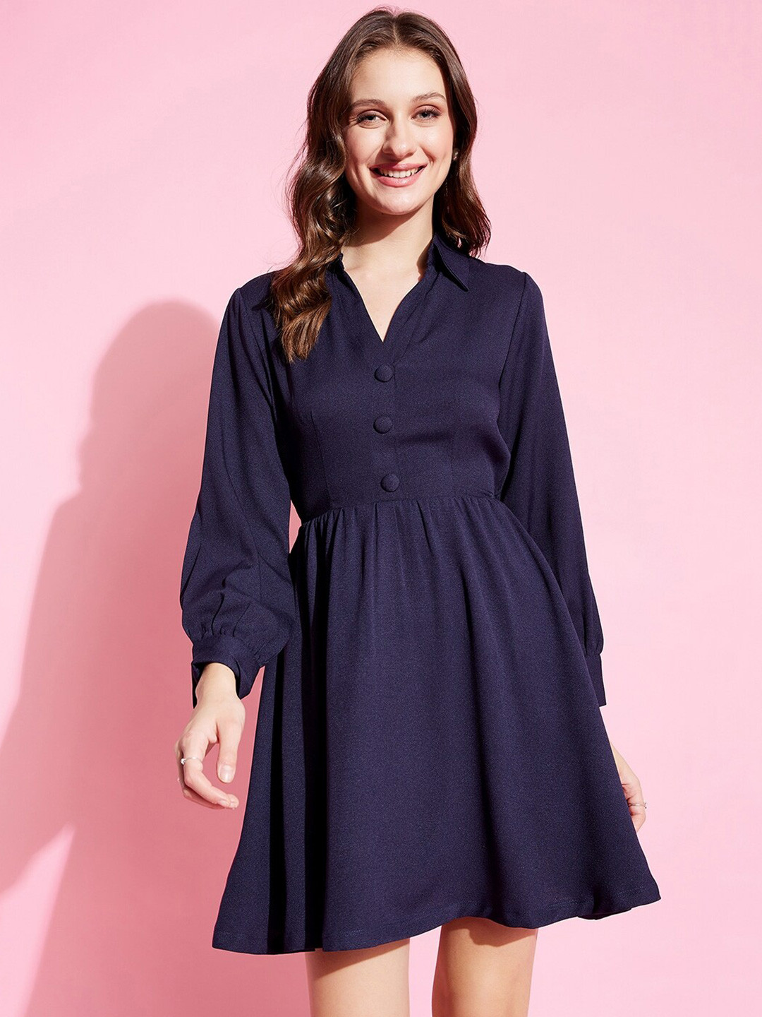KASSUALLY Blue Shirt Collar Back Cut Fit & Flare Dress