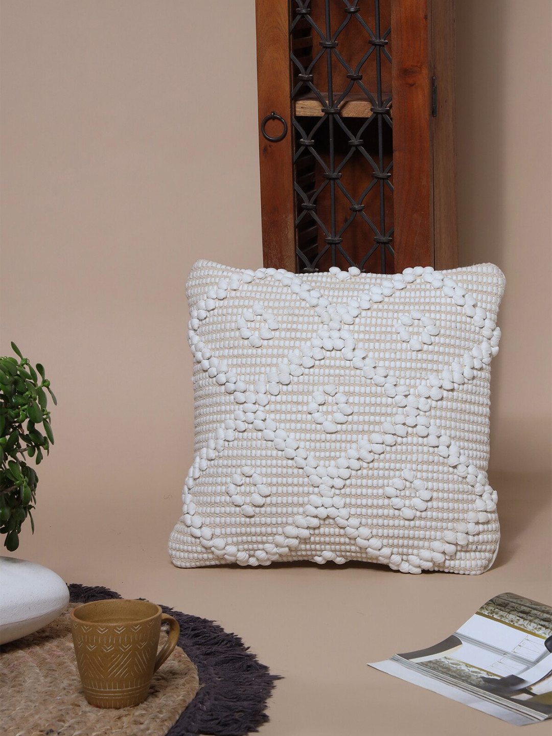 SANSKRUTIHOMES White Embroidered Cotton Breathable Square Cushion Cover - 18 x 18 Inches