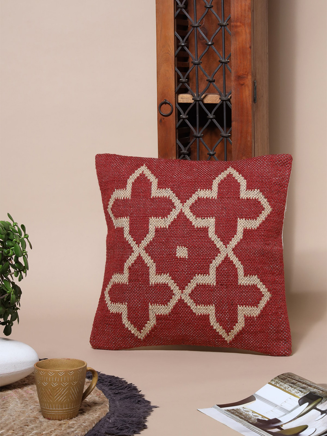 SANSKRUTIHOMES Red Geometric Jute Breathable Textured Square Cushion Cover -18x18In