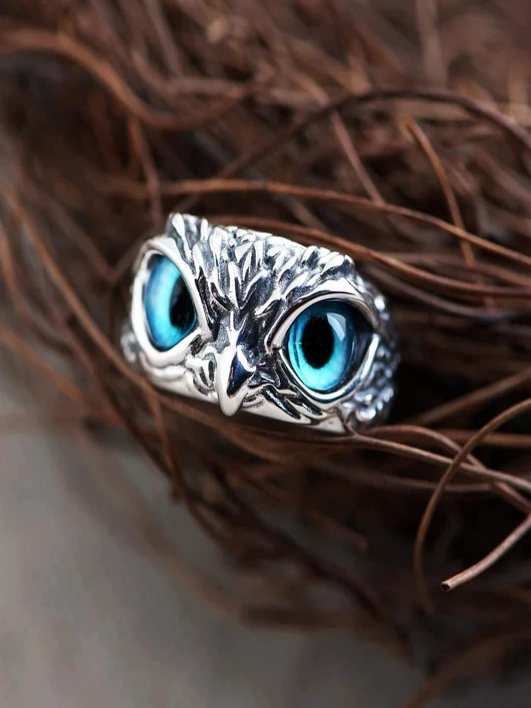 UNIVERSITY TRENDZ Silver-Plated Blue Stone-Studded Owl Adjustable Finger Ring