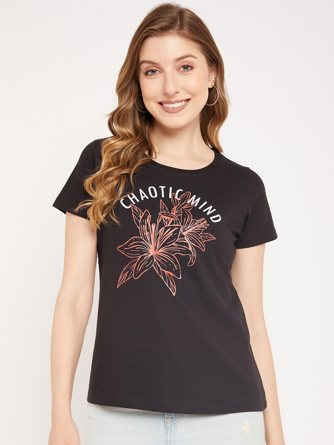 Mast & Harbour Black Floral Printed Cotton T-shirt