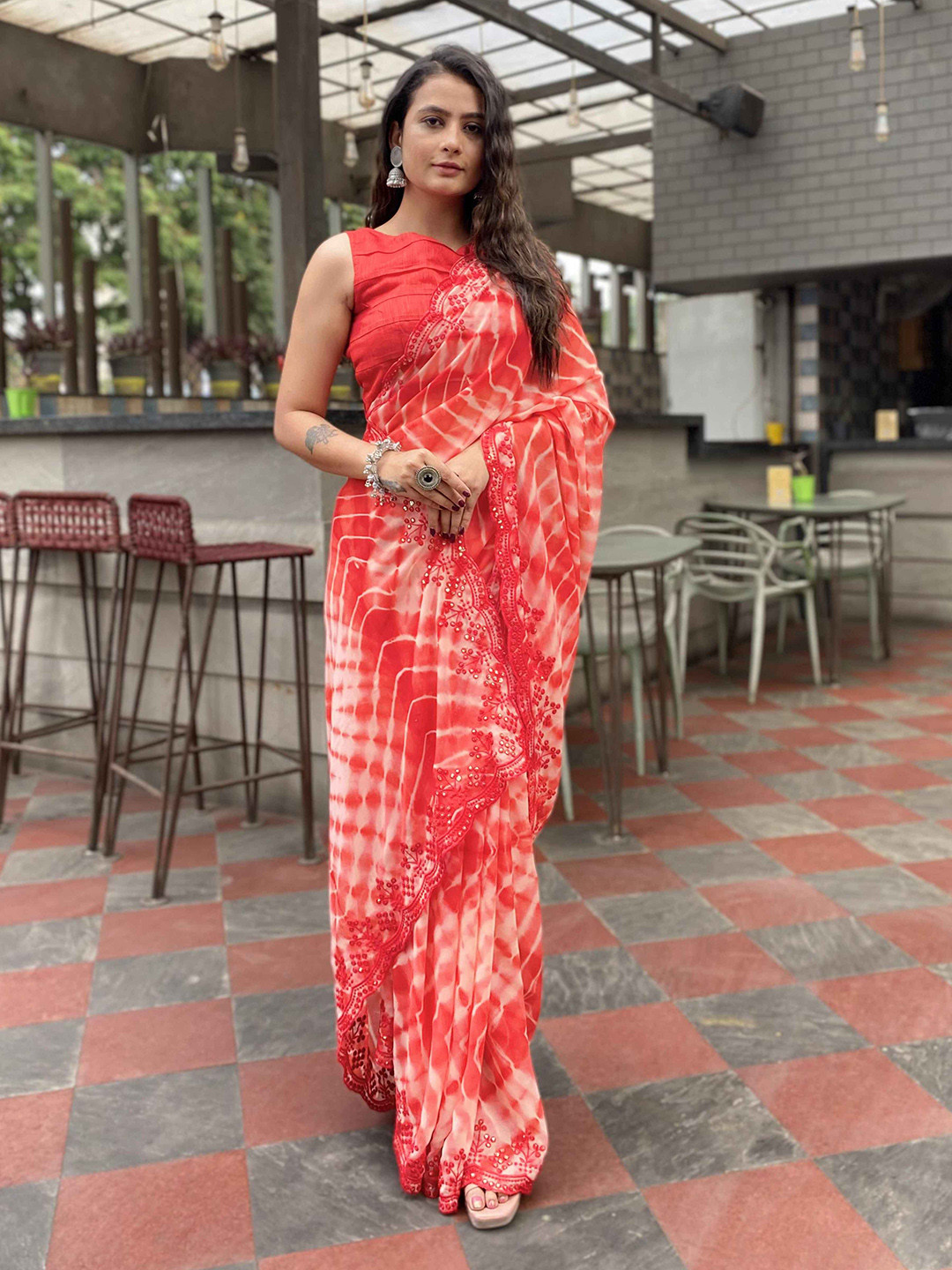 SUTRAM Tie and Dye Embroidered Saree