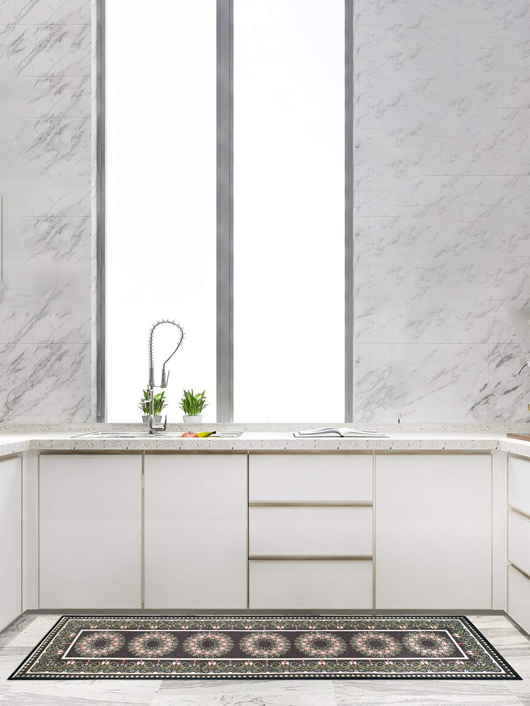 AAZEEM Grey & Green Abstract Pattern Floor Runners