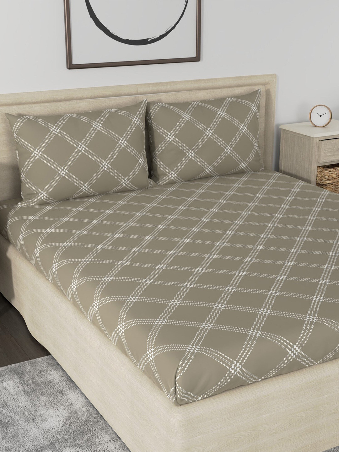Huesland Aspire Beige Geometric Cotton 186 TC King Bedsheet with 2 Pillow Covers-274 x 274 cm