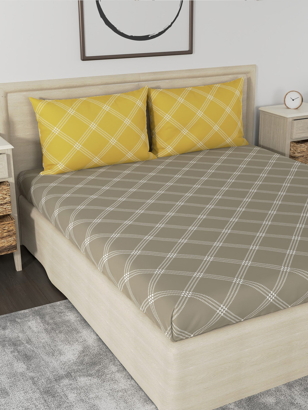 Huesland Aspire Beige & Yellow Geometric 186 TC Cotton Queen Bedsheet With 2 Pillow Covers