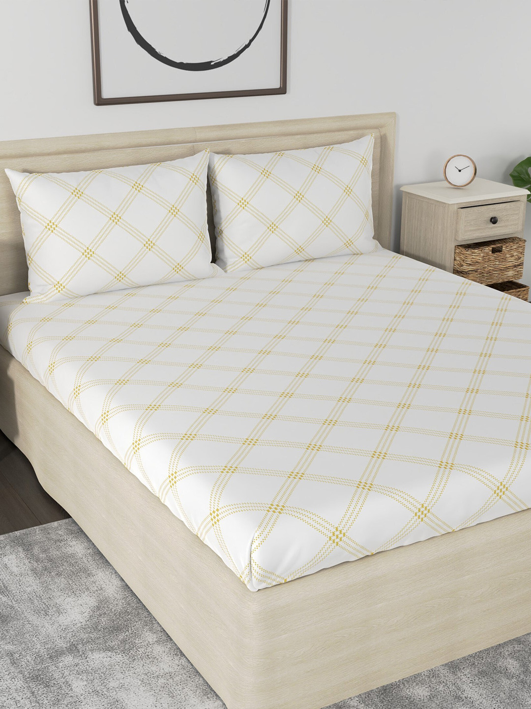 Huesland Aspire White & Yellow Printed 186 TC Cotton Queen Bedsheet & 2 Pillow Covers