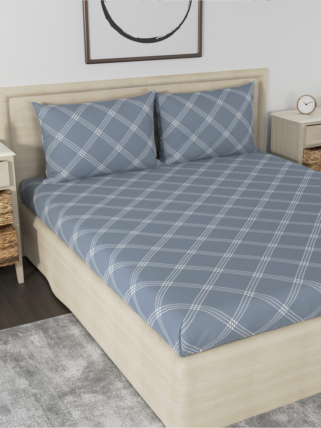 Huesland Aspire Grey Geometric Cotton 186 TC King Fine Bedsheet with 2 Pillow Covers-108 x 108 inches